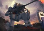  artist_name atsajh from_below green_eyes ground_gundam gun gundam gundam_08th_ms_team highres holding holding_gun holding_weapon kneeling looking_up mecha no_humans shield solo v-fin weapon 