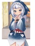  1girl absurdres animal_hood bangs blue_hoodie blurry blurry_background blush bubble_tea cowboy_shot cup day door drinking drinking_straw eyebrows_visible_through_hair gawr_gura grey_eyes highres holding holding_cup hololive hololive_english hood hood_up klaius long_hair long_sleeves looking_at_viewer multicolored_hair pocket purple_hair shark_tail sidelocks solo standing streaked_hair tsurime virtual_youtuber white_hair wide_sleeves 