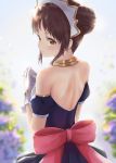  1girl back_bow backless_dress backless_outfit blue_dress blue_sleeves blurry blurry_background bow brown_hair dargo day detached_sleeves double_bun dress flower from_behind gloves headdress highres outdoors parted_lips princess_connect! princess_connect!_re:dive purple_flower red_bow short_hair short_sleeves shoulder_blades solo suzume_(princess_connect!) white_gloves yellow_eyes 