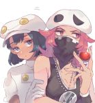  2girls aether_foundation_employee arm_grab bangs black_hair buttons closed_mouth collarbone commentary_request eyelashes facial_mask gloves grey_eyes hand_up hanenbo hat holding holding_poke_ball jewelry long_hair looking_to_the_side multiple_girls necklace pink_eyes pink_hair poke_ball poke_ball_(basic) pokemon pokemon_(game) pokemon_sm short_hair short_sleeves sketch tank_top team_skull_grunt white_background white_gloves white_headwear 