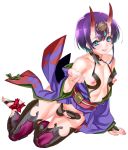  1boy bare_shoulders blue_eyes collarbone commentary_request cosplay fate/grand_order fate_(series) hair_between_eyes highres horns licking_lips looking_at_viewer male_focus nipples oni oni_horns otoko_no_ko penis purple_hair shirou short_hair shuten_douji_(fate/grand_order) shuten_douji_(fate/grand_order)_(cosplay) simple_background solo testicles thighhighs tongue tongue_out white_background 