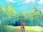  1girl bike_shorts bird cloud commentary_request day fanny_pack forest from_behind gen_3_pokemon grass hanenbo may_(pokemon) nature on_head outdoors pokemon pokemon_(creature) pokemon_(game) pokemon_on_head pokemon_rse red_bandana short_sleeves sky taillow tree 