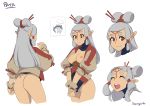  1girl ass birthmark blush bottomless breasts breasts_outside brown_eyes brown_shirt character_name closed_eyes expressions fingerless_gloves forehead_tattoo gloves hair_ornament hair_rings hair_stick hair_tubes long_hair medium_breasts mole mole_on_ass paya_(zelda) pointy_ears pubic_hair sheikah shirt short_eyebrows signature silver_hair simple_background smile squeezable_(artist) sweatdrop the_legend_of_zelda the_legend_of_zelda:_breath_of_the_wild wavy_mouth white_background 