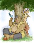  2007 anthro belly bottomwear brown_body brown_fur canid canine canis clothing domestic_dog duo fur kemono male mammal outside overweight overweight_male pants shirt sitting takagi_kyou topwear tree ursid 
