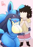  anthro big_breasts bottomwear breasts canid canine clothed clothing duo female hi_res hinata_sakamoto human human_on_anthro interspecies lucario male male/female mammal nintendo pok&eacute;mon pok&eacute;mon_(species) pok&eacute;philia shorts video_games 