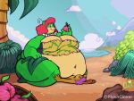  2020 2d_animation 4:3 ambiguous_gender animated anthro beach belly big_belly big_breasts breast_expansion breast_smother breasts clothed clothing cloud clover_bearclaw detailed_background duo eating expansion featureless_breasts female food fruit fur green_body green_fur hair huge_breasts hyper hyper_breasts island lagomorph larger_female leporid mammal navel obese obese_anthro obese_female outside overweight overweight_anthro overweight_female plant plushclover purple_hair rabbit seaside short_playtime signature size_difference sky smaller_ambiguous smothering tree ursid wardrobe_malfunction 