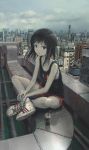 1girl black_eyes black_hair cityscape commentary cup day disposable_cup drinking_glass highres indian_style looking_at_viewer medium_hair original outdoors rooftop scenery shoes short_shorts shorts sitting sky sneakers solo tank_top tokunaga_akimasa ventilation_shaft 