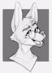  anthro black_and_white canid canine dreamworks_face eyebrows eyewear glasses headshot_portrait hi_res looking_at_viewer male mammal maned_wolf monochrome portrait raised_eyebrow simple_background smile solo takwin thelordp_chan 