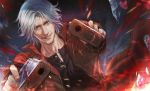  black_gloves blue_eyes broken_glass coat dante_(devil_may_cry) devil_may_cry dmc5 dual_wielding facial_hair fingerless_gloves fingernails fulushouxijixiangcha glass gloves grey_hair gun holding holding_gun holding_weapon open_clothes open_coat parted_lips red_coat shatter smile stubble teeth upper_body weapon zipper 