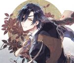  1boy armor black_hair blazer collared_shirt eyepatch flower jacket japanese_armor kuroemon looking_back male_focus shirt shokudaikiri_mitsutada shoulder_armor smile sode touken_ranbu upper_body yellow_eyes 