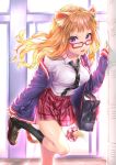  1girl absurdres animal_ears backlighting bag black_neckwear blonde_hair breasts cat_ears cat_tail collared_shirt doll foot_out_of_frame glasses highres jacket large_breasts leaning_forward miniskirt necktie open_clothes open_jacket open_mouth original plaid plaid_skirt pleated_skirt purple_eyes removing_shoes routo_(rot_0) school_bag school_uniform shirt shoe_locker shoulder_bag skirt solo tail tail_scrunchie uniform white_shirt 