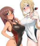  2girls alice_gear_aegis ayuayu_(shouyu_no_sato) black_swimsuit blonde_hair blue_eyes blush breasts brown_hair closed_mouth collarbone competition_swimsuit covered_navel cowboy_shot eyebrows_visible_through_hair green_eyes hand_on_hip highleg highleg_swimsuit kaneshiya_sitara large_breasts looking_at_viewer low_ponytail multiple_girls one-piece_swimsuit rita_henschel simple_background standing sweat swimsuit tan white_background 
