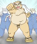  2006 anthro balls belly brown_body brown_fur canid canine cute_fangs felid fur genitals group humanoid_hands kemono male mammal moobs nipples overweight overweight_male pantherine penis pubes takagi_kyou tiger ursid 