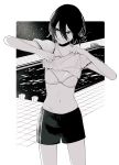  1girl absurdres bare_arms black_choker black_hair black_legwear black_shorts blush bra breasts chainsaw_man choker greyscale hair_bun hands_up highres lifted_by_self looking_to_the_side medium_breasts medium_hair monochrome pool poolside reze_(chainsaw_man) shirt shirt_lift short_hair shorts sleeveless small_breasts smile solo toukaairab underwear undressing white_bra white_shirt 
