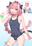  1boy astolfo_(fate) bangs bare_shoulders black_bow blush bow bracelet braid bulge collarbone commentary_request covered_navel cowboy_shot crossdressing fang fate/grand_order fate_(series) hair_between_eyes hair_intakes highres holding jewelry kitajima_yuuki long_braid long_hair looking_at_viewer male_focus midriff multicolored_hair multiple_views navel one-piece_swimsuit one_eye_closed open_mouth otoko_no_ko pink_hair purple_eyes school_swimsuit single_braid skindentation skirt smile streaked_hair swimsuit thighhighs thought_bubble white_legwear 