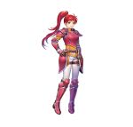  1girl absurdres armor armored_boots asatani_tomoyo bangs belt boots breastplate commentary_request elbow_pads fire_emblem fire_emblem:_path_of_radiance fire_emblem_heroes gauntlets hand_up high_ponytail highres jill_(fire_emblem) long_hair long_sleeves looking_at_viewer official_art open_mouth pants ponytail red_eyes red_hair shiny shiny_hair shoulder_armor simple_background smile solo standing tied_hair white_background white_pants 