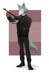  2020 anthro beastars black_clothing black_jacket canid canine canis clothed clothing fur grey_body grey_fur gun hi_res holding_gun holding_object holding_weapon jacket legoshi_(beastars) looking_at_object male mammal multicolored_body multicolored_fur ranged_weapon solo submachine_gun thompson_gun tommysamash topwear two_tone_body two_tone_fur weapon white_body white_fur wolf 