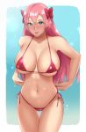  1girl artist_name ballpoint_pen_(medium) bikini blue_eyes breasts commission ganzu graphite_(medium) highres large_breasts long_hair looking_at_viewer navel original pink_bikini pink_hair smile solo swimsuit traditional_media 