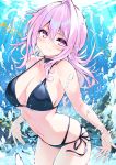  1girl bare_arms bare_shoulders bikini black_bikini black_choker breasts choker cleavage collarbone cu-no freediving hair_between_eyes halterneck highleg highleg_bikini hisen_kaede large_breasts long_hair looking_at_viewer multi-strapped_bikini navel pink_hair purple_eyes side-tie_bikini sidelocks smile solo stomach string_bikini swimsuit thighs underwater water yayoi_sakura 