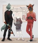  2020 alpaca anthro barefoot beastars black_clothing black_jacket bottomwear brown_body brown_fur camelid canid canine canis clothed clothing diagram drawing female fur gesture grey_body grey_clothing grey_fur group gun hair hi_res holding_gun holding_object holding_weapon hoodie jacket kyuu_(beastars) lagomorph legoshi_(beastars) leporid looking_at_another male mammal map multicolored_body multicolored_fur on_one_leg open_mouth rabbit ranged_weapon red_clothing red_hair san_(beastars) shorts standing steepled_fingers submachine_gun teeth text thompson_gun tommysamash topwear tracksuit two_tone_body two_tone_fur weapon white_body white_fur wolf 
