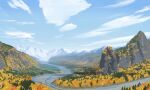  autumn blue_sky chinese_commentary cloud commentary_request day forest highres landscape mountain nature no_humans original plant river scenery signature sky snow_mountain tateyuki tree 