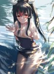  1girl akabane_hibame bare_arms bare_shoulders black_hair black_swimsuit blush breasts breasts_outside closed_mouth collarbone competition_school_swimsuit covered_navel day frown highres long_hair looking_at_viewer medium_breasts multicolored_hair original outdoors partially_submerged red_hair ripples sidelocks sitting solo strap_pull sunlight swimsuit thighs twintails two-tone_hair water 