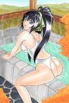  1girl absurdres ass ass_cutout assless_swimsuit black_hair blue_eyes bow breasts competition_swimsuit hair_bow hayami_jin highres infinite_stratos large_breasts looking_at_viewer one-piece_swimsuit onsen open_mouth ponytail shinonono_houki smile steam swimsuit tagme 