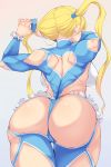  1girl ass back backboob black_mutou blue_leotard breasts from_behind gradient gradient_background grey_background heart_cutout highres large_breasts leotard long_hair rainbow_mika solo standing street_fighter street_fighter_v thigh_gap thong_leotard twintails tying_hair 