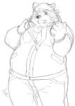  2020 anthro belly bottomwear canid canine canis clothed clothing domestic_dog headphones hi_res kemono live-a-hero male mammal mokdai monochrome okoge_16 one_eye_closed overweight overweight_anthro overweight_male pants simple_background solo video_games white_background wink 