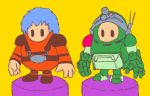  2others black_eyes blue_hair chirico_cuvie chirico_cuvie_(cosplay) cosplay crossover fall_guy fall_guys kin-san_(sasuraiga) multiple_others open_hands pilot_suit scopedog scopedog_(cosplay) soukou_kihei_votoms standing yellow_background 