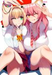  2girls ahoge animal_ear_fluff animal_ears bangs blonde_hair blue_skirt blush breasts cleavage collared_shirt contemporary crossed_legs fate/extra fate_(series) fox_ears fox_girl green_eyes hair_intakes han_(jackpot) large_breasts long_hair looking_at_viewer multiple_girls nero_claudius_(fate) nero_claudius_(fate)_(all) one_eye_closed pink_hair plaid plaid_skirt pleated_skirt puckered_lips red_skirt self_shot shirt short_sleeves simple_background sitting skirt smile tamamo_(fate)_(all) tamamo_no_mae_(fate) thighs tied_shirt tongue tongue_out v white_background white_shirt yellow_eyes 