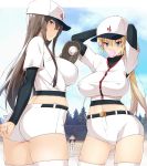  3girls aqua_eyes arm_behind_back arms_up ass ass_visible_through_thighs bangs baseball_cap baseball_mitt baseball_uniform belt belt_buckle black_hair blonde_hair blue_sky breasts brown_hair bubble_blowing buckle chain-link_fence chewing_gum cloud covered_nipples day eyebrows_visible_through_hair fence field frown grey_eyes halter_top halterneck hat highres impossible_clothes large_breasts layered_shirt light long_hair looking_to_the_side multiple_girls nakamura_yukitoshi navel original outdoors pine_tree ponytail shirt short_shorts shorts sideboob sky sportswear standing thighhighs thighs tree white_footwear white_legwear white_shirt white_shorts 