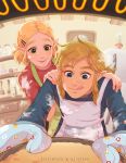  1boy 1girl alternate_hairstyle ariettys_art baking blonde_hair blue_eyes blush cooking couple earrings food food_on_face green_eyes highres jewelry link long_hair open_mouth oven oven_mitts pointy_ears powder princess_zelda short_hair smile the_legend_of_zelda the_legend_of_zelda:_breath_of_the_wild 