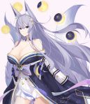  1girl animal_ears armor azur_lane bare_shoulders black_kimono breasts cleavage collarbone constellation cowboy_shot detached_collar fox_ears fox_girl fox_tail japanese_armor japanese_clothes kimono kitsune large_breasts large_tail long_hair long_sleeves looking_at_viewer moon_phases multiple_tails off-shoulder_kimono off_shoulder pleated_skirt purple_eyes shinano_(azur_lane) shoulder_armor silver_hair simple_background skirt smile sode solo tail unel very_long_hair white_background white_skirt 