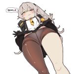  1girl armband asymmetrical_legwear bangs black_jacket blush bori_(3910234) bow bow_panties buttons extended_upskirt eyebrows_visible_through_hair from_below girls_frontline heart highres jacket korean_text legs lifted_by_self light_brown_hair long_hair looking_at_viewer looking_down mechanical_arm mod3_(girls_frontline) necktie one_eye_closed one_side_up open_clothes open_jacket panties panties_under_pantyhose pantyhose pantyshot scar scar_across_eye shirt skirt skirt_lift smile solo speech_bubble spoken_heart sweatdrop thighband_pantyhose thighs translation_request ump45_(girls_frontline) underwear upskirt white_background white_panties white_shirt yellow_eyes yellow_neckwear 