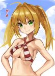  1girl ahoge bikini blonde_hair breasts cleavage fate/grand_order fate_(series) green_eyes long_hair looking_at_viewer nero_claudius_(fate)_(all) nero_claudius_(swimsuit_caster)_(fate) nyantiu smile solo striped striped_bikini swimsuit twintails 