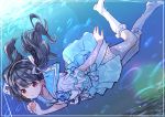  1girl black_hair blue_sailor_collar blue_skirt brown_eyes character_request copyright_request freediving frilled_legwear frilled_sleeves frills hair_ribbon highres inui/byte nail_polish ribbon sailor_collar school_uniform serafuku skirt socks solo twintails underwater white_legwear white_ribbon 