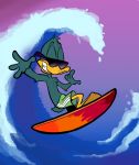  anatid anseriform anthro avian baby_looney_tunes bird bottomwear clothing duck hi_res juneduck21 male plucky_duck shorts solo surfboard swimming swimming_trunks swimwear vehicle warner_brothers watercraft wave young 