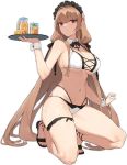  1girl aiko_(kanl) azur_lane bare_shoulders bikini bow bowtie breasts brown_hair cleavage closed_mouth cross cup detached_collar drinking_glass full_body hair_ornament highleg highleg_bikini highres holding kneeling large_breasts leg_garter long_hair looking_at_viewer low-tied_long_hair maid_headdress mole mole_under_mouth multi-strapped_bikini navel official_art pitcher red_eyes sandals skindentation solo stomach string_bikini swiftsure_(azur_lane) swiftsure_(midsummer_special_service)_(azur_lane) swimsuit thighs transparent_background tray two-tone_bikini very_long_hair wet white_bikini wrist_cuffs x_hair_ornament 