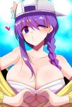  1girl asymmetrical_hair bandeau bangs bare_shoulders baseball_cap bb_(fate)_(all) bb_(swimsuit_mooncancer)_(fate) blush braid breasts cleavage cropped_jacket fate/grand_order fate_(series) han_(jackpot) hat hat_ornament heart heart_hands jacket large_breasts long_hair long_sleeves looking_at_viewer midriff one_eye_closed puckered_lips purple_eyes purple_hair single_braid star_(symbol) star_hat_ornament very_long_hair white_headwear yellow_jacket 