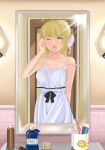  absurdres ahoge artoria_pendragon_(all) bathroom blonde_hair breasts crying cup dress fate/grand_order fate/stay_night fate_(series) green_eyes highres indoors looking_at_viewer medium_breasts mirror mug pajamas quatthro reflection saber shampoo_bottle sleepy tile_wall tiles toothbrush upper_body 