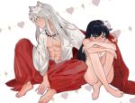  1boy 1girl abs animal_ears barefoot black_hair blush bra dog_ears gwillarmy heart higurashi_kagome inuyasha inuyasha_(character) jewelry knees_up looking_away necklace panties shared_clothes silver_hair sitting toes underwear wariza white_bra white_panties 