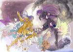  2boys armor blue_(saga_frontier) blue_hair brothers bug butterfly closed_mouth fingerless_gloves gemini_kanon gemini_saga gloves gold_armor gold_saint insect long_hair male_focus multiple_boys parody purple_hair rouge_(saga_frontier) saga saga_frontier saint_seiya siblings twins 