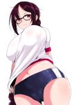  1girl blush braid breasts brown_hair buruma consort_yu_(fate) covered_nipples fate/grand_order fate_(series) glasses gym_shirt gym_uniform han_(jackpot) large_breasts long_hair looking_at_viewer navel red_eyes see-through_silhouette shirt shirt_pull simple_background single_braid solo white_background 