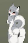  amber_eyes anthro areola bedroom_eyes big_butt black_areola black_nipples black_pussy blush bodily_fluids breasts butt butt_pose canid canine canis dipstick_ears domestic_dog erect_nipples eyelashes female fluffy fur genital_fluids genitals grey_body grey_fur grey_hair hair hi_res husky long_hair looking_at_viewer looking_back mammal multicolored_ears narrowed_eyes nipple_piercing nipples nordic_sled_dog piercing pose presenting presenting_hindquarters presenting_pussy pussy pussy_juice rear_view seductive small_breasts solo spitz whiskers white_body white_fur xredpandax_(artist) 