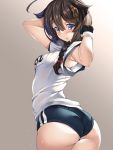  1girl ahoge armpits ass black_gloves blue_eyes blush braid breasts brown_hair buruma commentary_request fingerless_gloves gloves hair_ornament hairclip highres kantai_collection long_hair open_mouth panties pink_panties shigure_(kantai_collection) solo sweat torisan underwear 