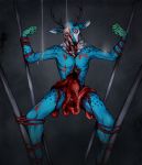  acid anthro antlers bdsm blood blue_body bodily_fluids bondage bound cervid dark disembowelment freckles gore guts hi_res horn kolkolukija male mammal pain red_eyes rope solo 