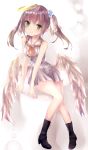  1girl absurdres bangs blush boots brown_hair dress eyebrows_visible_through_hair feathered_wings green_eyes halo high_heel_boots high_heels highres inaresi long_hair looking_at_viewer low_wings original pointy_ears sitting sleeveless sleeveless_dress smile solo twintails white_dress wings 