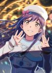  1girl absurdres bangs beret blue_hair blush detached_sleeves fur_trim grin hands_up hat highres huge_filesize kaihaku_(kaihaku2001) long_hair looking_at_viewer love_live! love_live!_school_idol_project open_mouth smile snow_halation solo sonoda_umi white_headwear yellow_eyes 