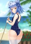  1girl ahoge ass azur_lane beach blue_hair blue_swimsuit blurry blurry_background blush breasts covered_nipples double_bun hair_ribbon heterochromia holding looking_at_viewer looking_back medium_hair nicholas_(azur_lane) nicholas_(summer_cleaning_volunteer)_(azur_lane) one-piece_swimsuit ootani_nonno outdoors red_eyes ribbon skindentation small_breasts solo swimsuit thick_thighs thighhighs thighs white_legwear yellow_eyes 